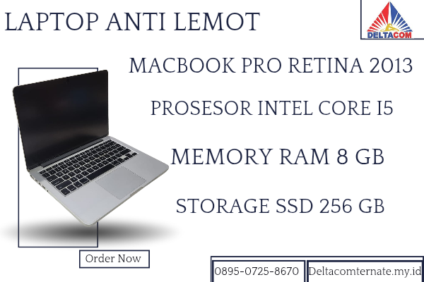 MACBOOK PRO RETINA 2013 , TYPE BARU BODY SLIM, PROSESOR INTEL CORE I5 MEMORY RAM 8 GB STORAGE SSD 256 GB DISPLAY 14 INCH MULUS , WARNAH SILVER , LEC